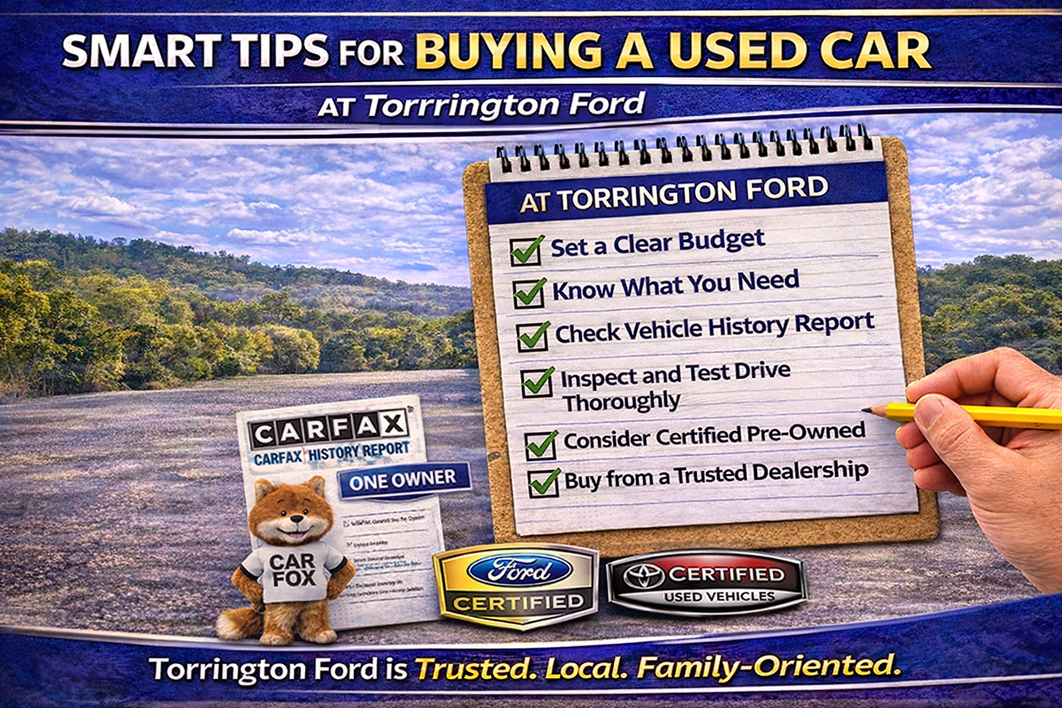 Smart tips for buying a used car from Torrington Ford in Northwest Connecticut featuring checklist items like budgeting, vehicle history reports, test drives, and certified pre-owned options to help drivers buy with confidence.