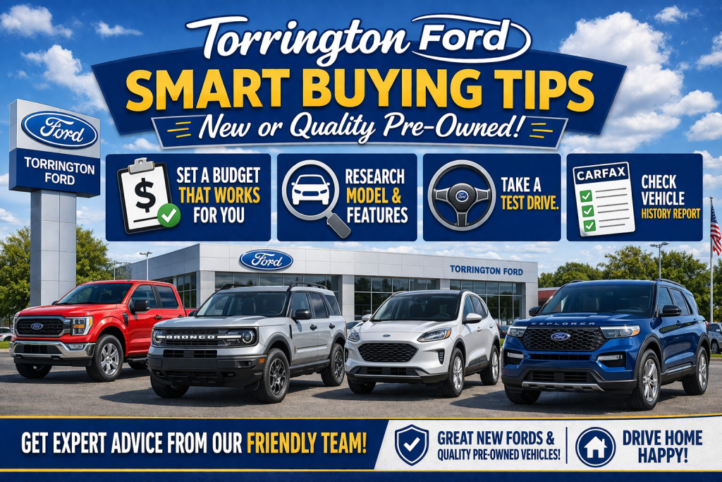 Smart car buying tips from Torrington Ford in Connecticut featuring Ford F-150, Bronco Sport, Mustang, and Explorer with guidance on budgeting, researching models, checking vehicle history, and test driving new and pre-owned vehicles.