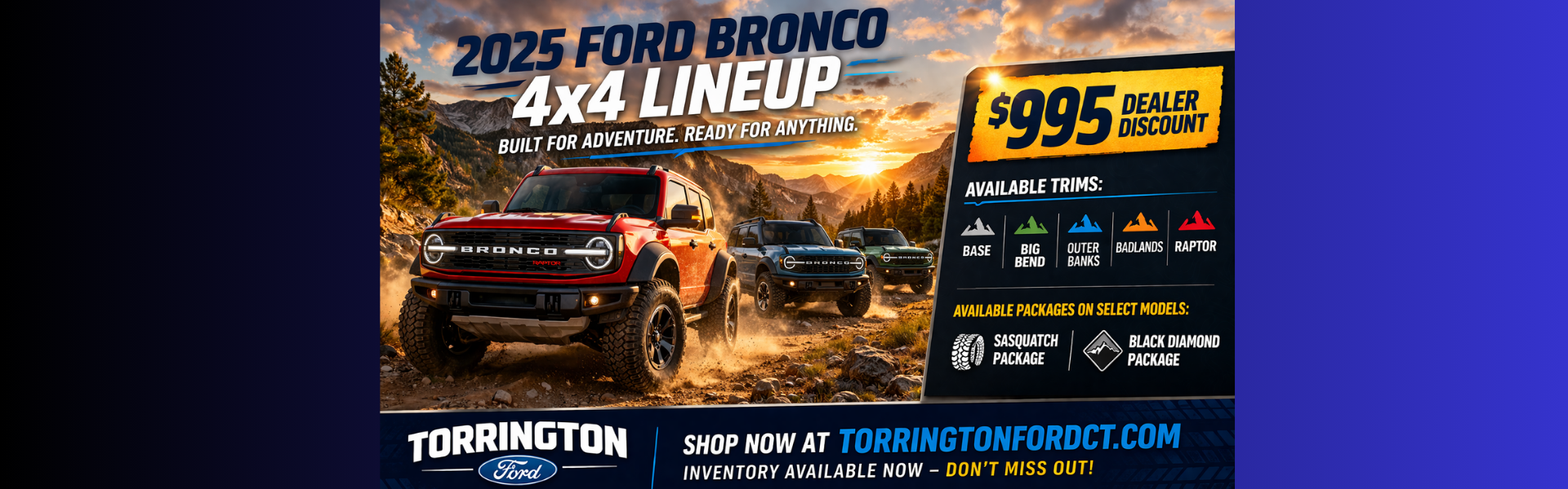 2025 Ford Bronco 4x4 lineup banner with $995 dealer discount